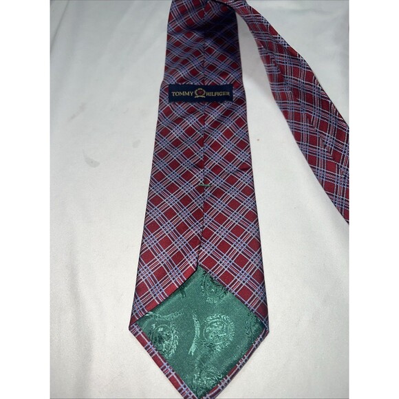 Vintage: Tommy Hilfiger Mens Tie, Red White Check Pattern, Classic 2 Tone - Picture 4 of 6